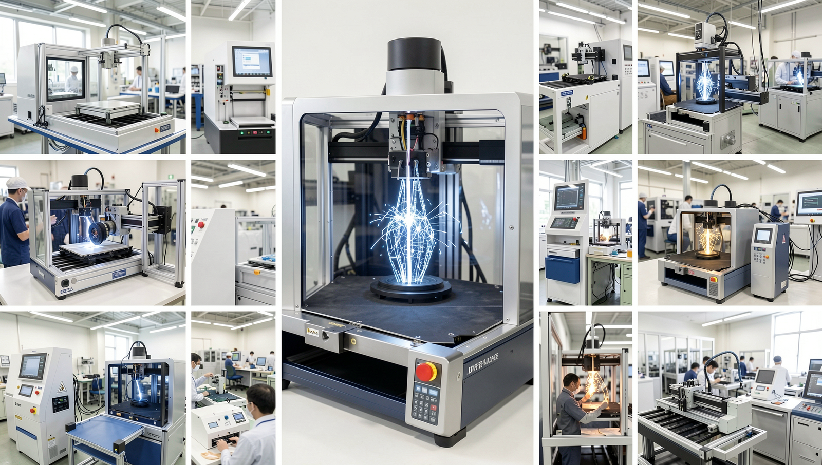Collage showcasing 3D printing technology in various Japanese industries.