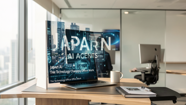 Photorealistic image depicting AI technology transforming office work in Japan.