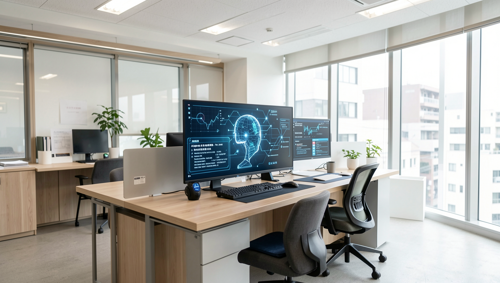 Modern office in Japan showcasing AI technology in a realistic setting.