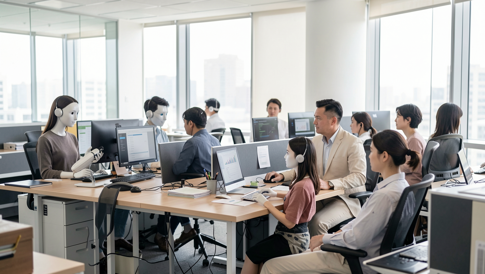 Various AI agents collaborating in a modern office environment in Japan.