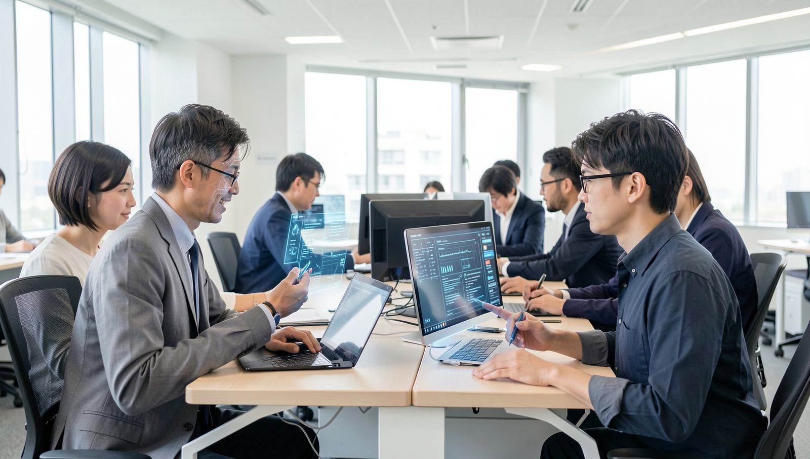 Employees collaborating with AI technology in a modern office setting.