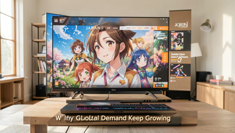 Cinematic scene depicting anime streaming in a vibrant Japanese setting.
