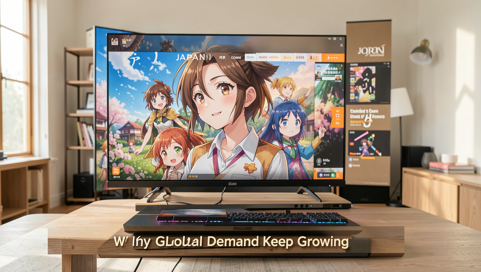 Cinematic scene depicting anime streaming in a vibrant Japanese setting.