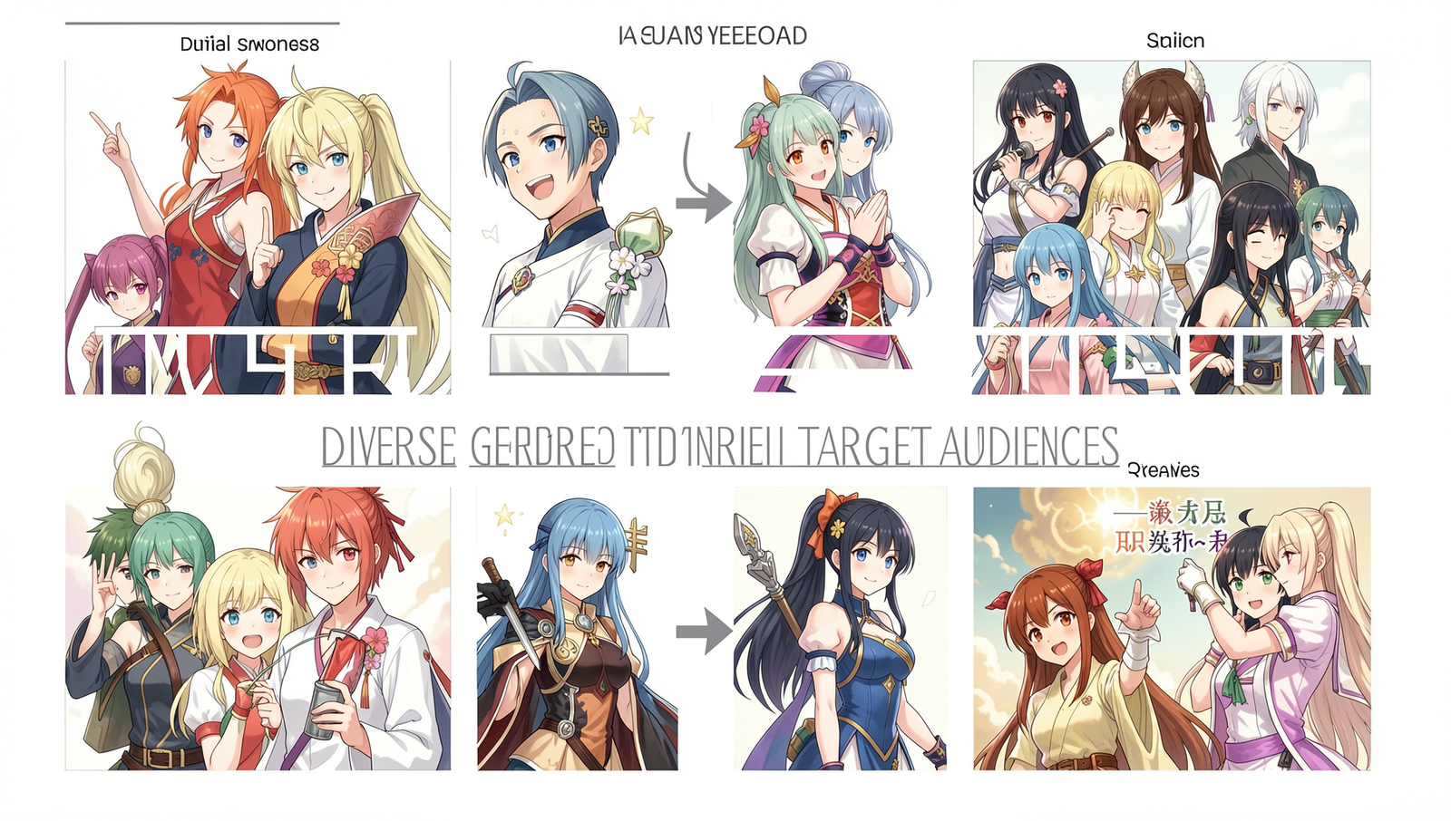 Illustration of various anime genres with iconic characters in a photorealistic style.
