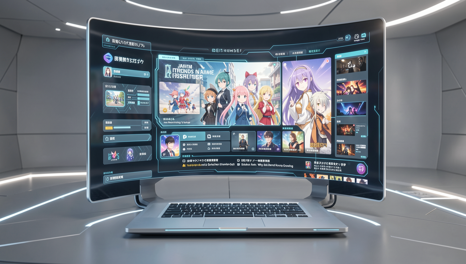 Futuristic anime streaming technology with engaged audience in realistic setting.