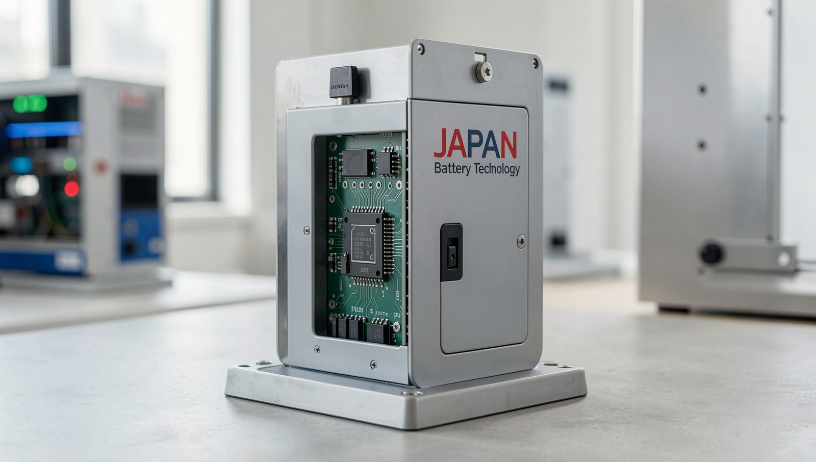 Photorealistic image showcasing advanced battery technology in a Japanese research setting.