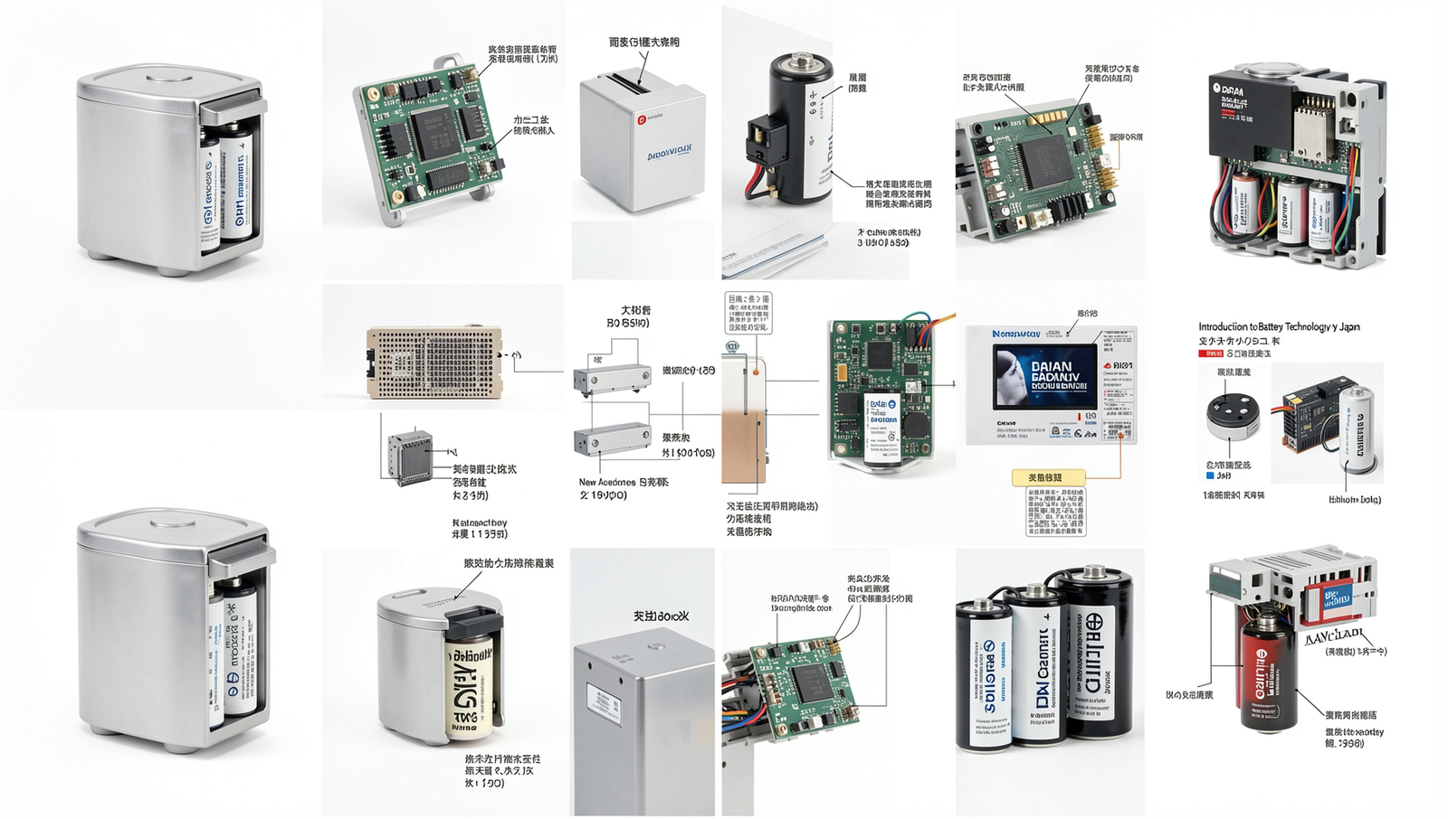 Collage of advanced battery technologies developed in Japan, showcasing various types.