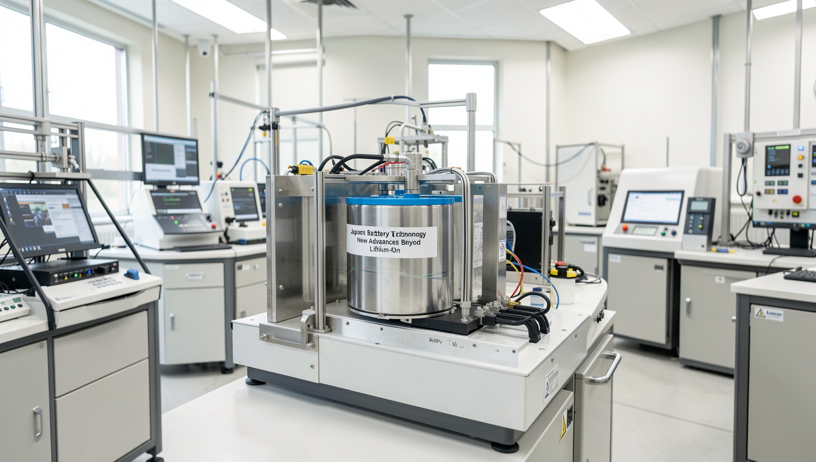 Photorealistic image of a research lab focused on battery technology advancements.