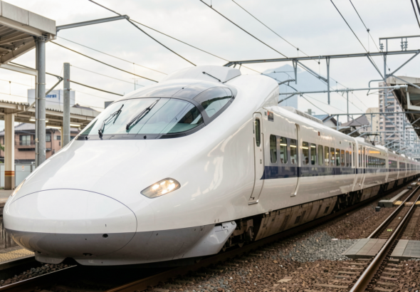 Photorealistic image of a Shinkansen bullet train in motion, showcasing advanced technology.