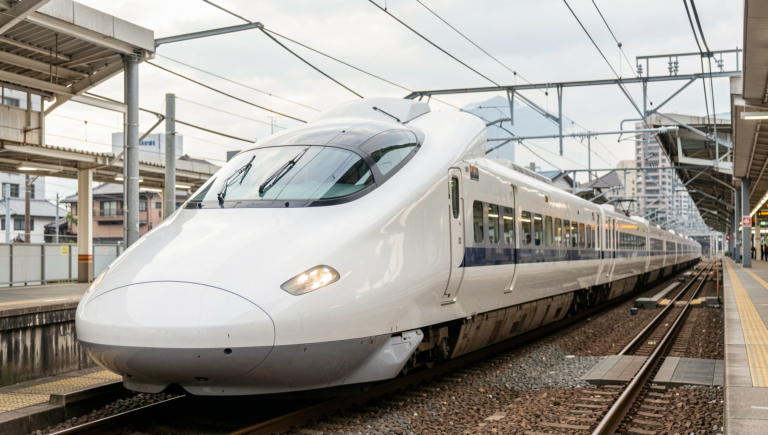 Photorealistic image of a Shinkansen bullet train in motion, showcasing advanced technology.
