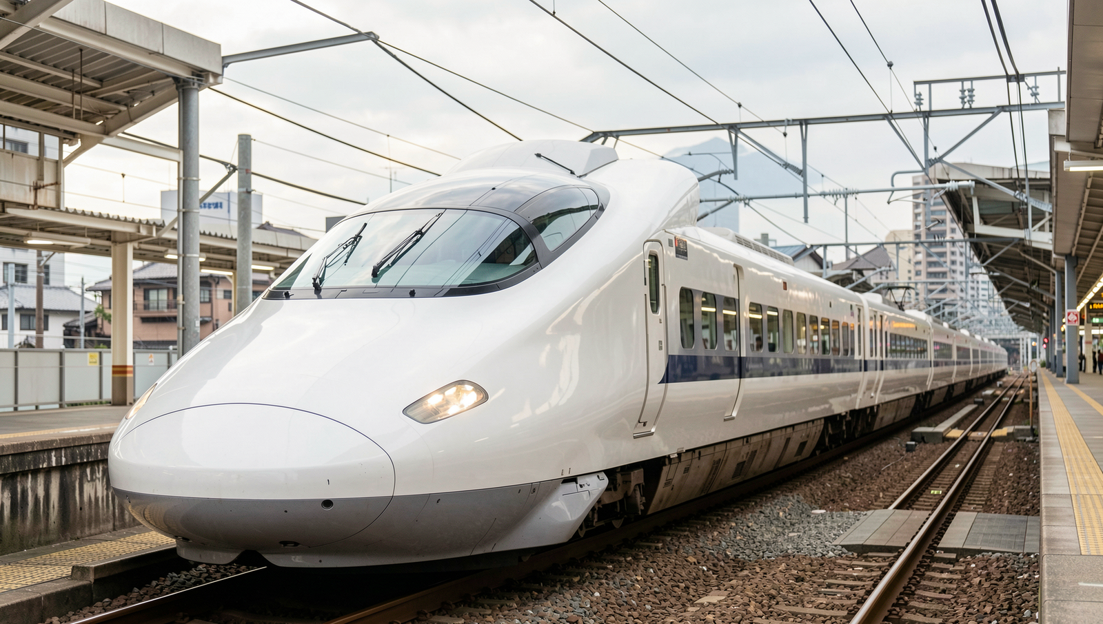 Photorealistic image of a Shinkansen bullet train in motion, showcasing advanced technology.