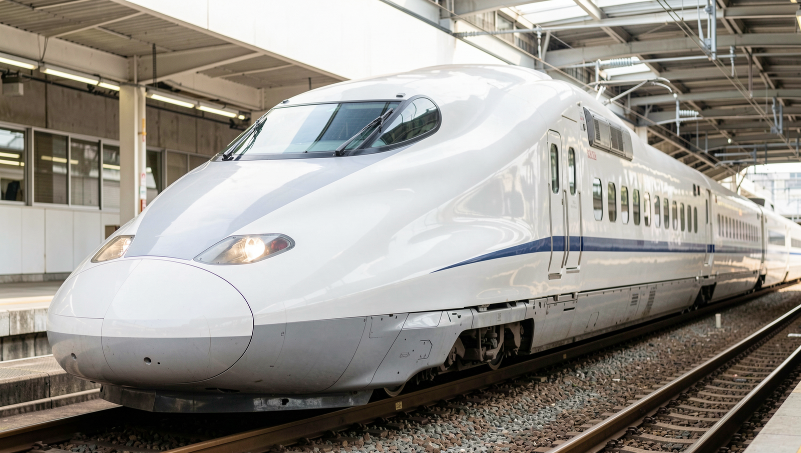 Close-up view of a Shinkansen train showcasing its sleek design and engineering details.