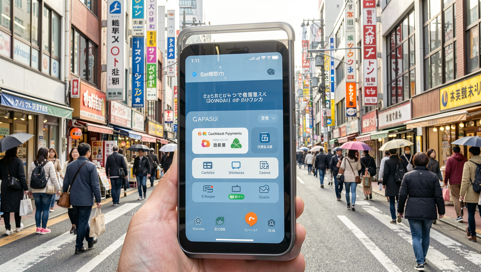 Bustling Japanese city street featuring various digital payment methods in use.