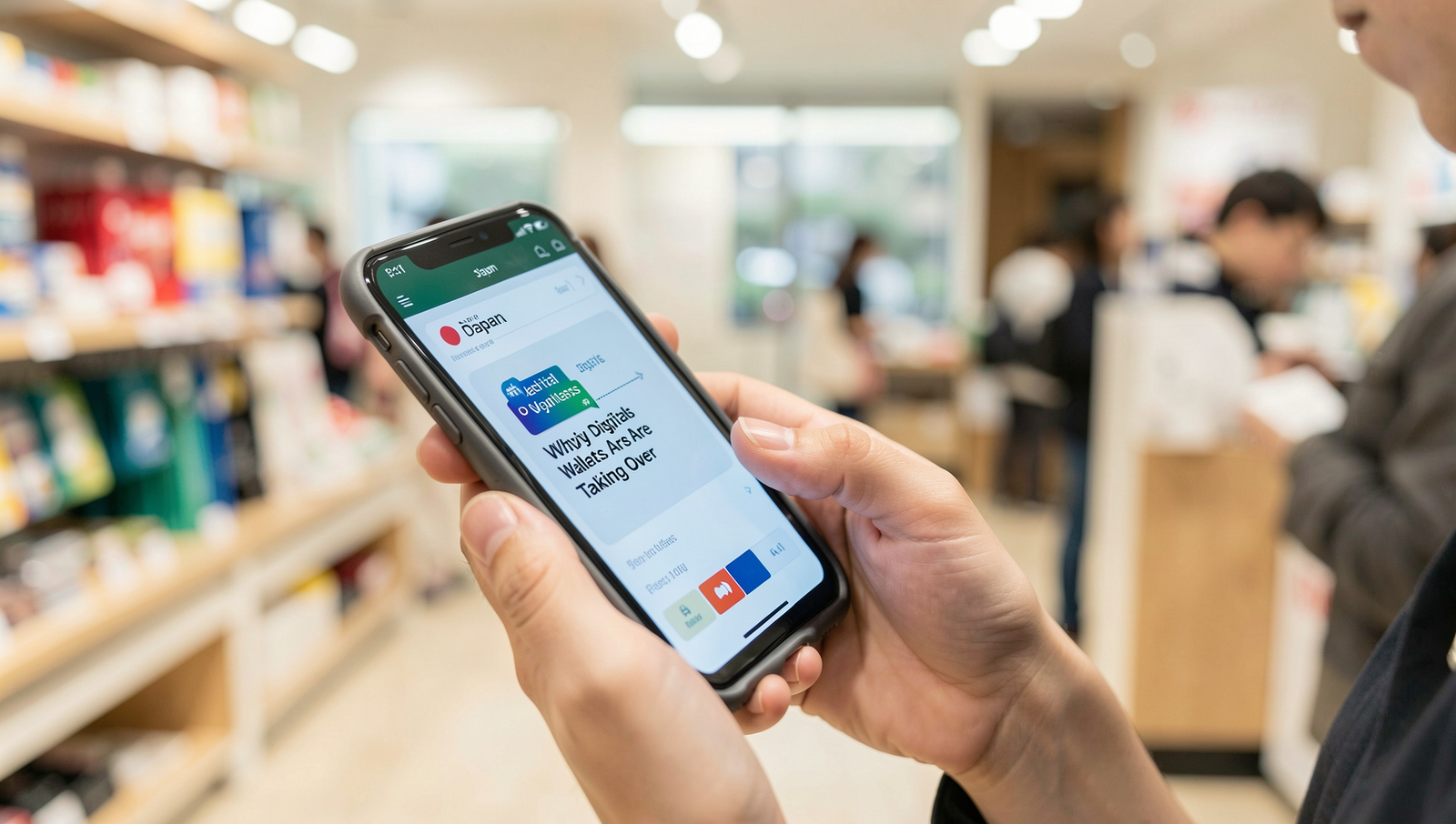 Person using a digital wallet on a smartphone in a store setting