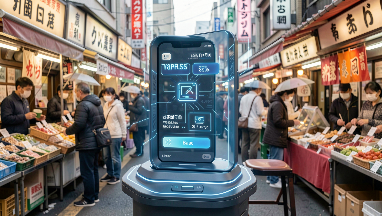Futuristic cashless transactions in a vibrant Japanese market setting.