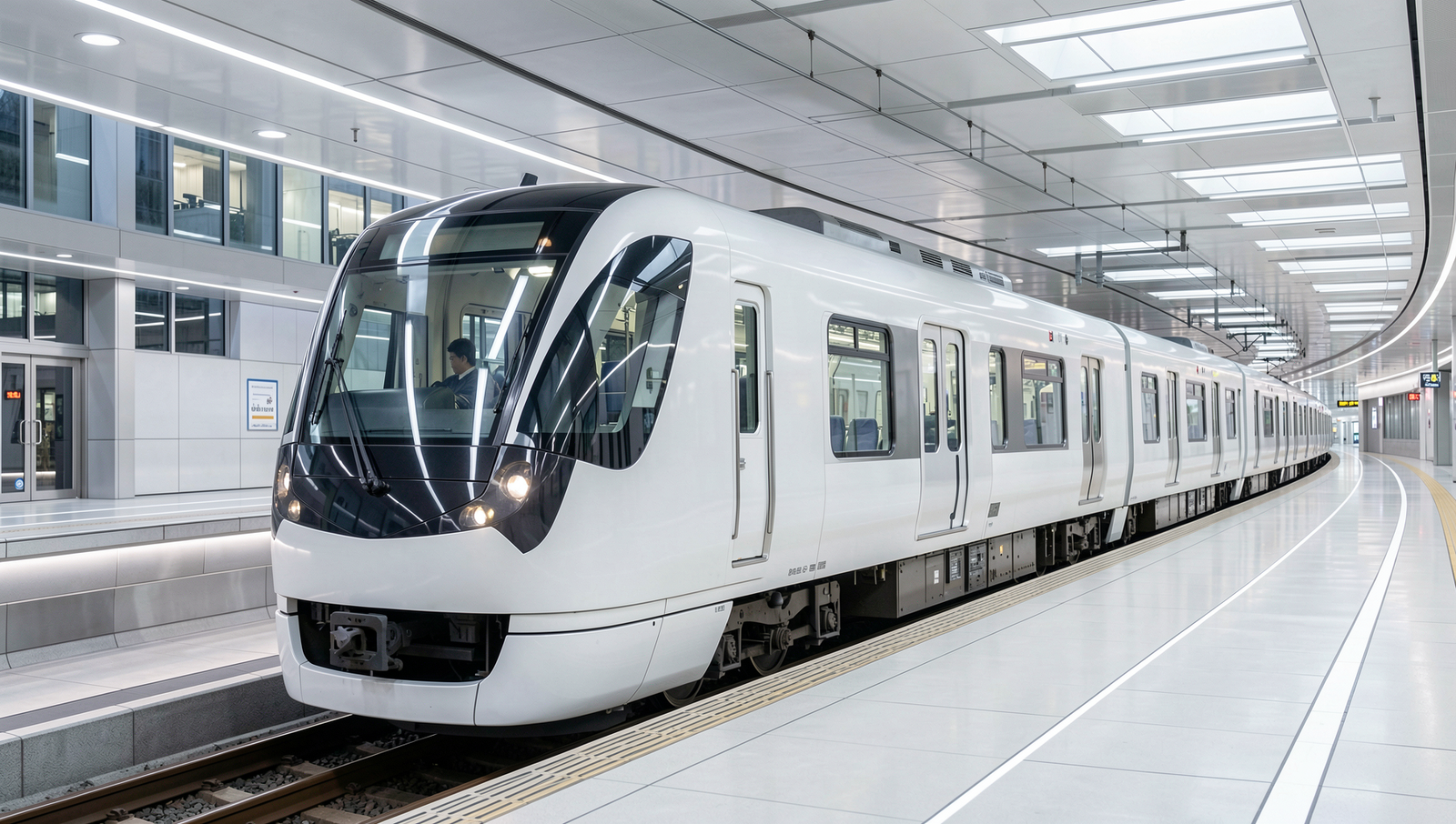 Modern Japanese driverless train in a futuristic urban setting with natural lighting.