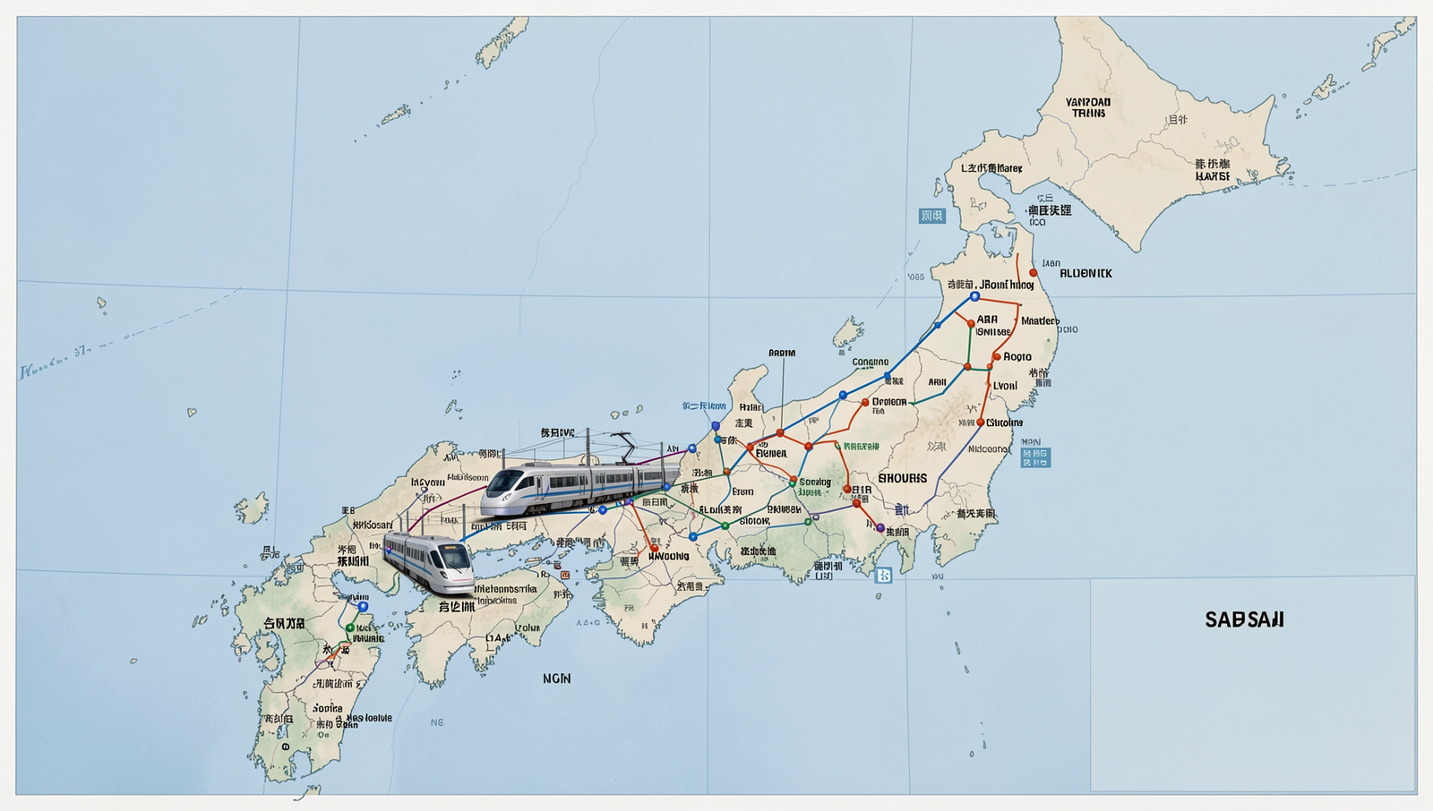 Map showing routes of automated trains in Japan with realistic details and lighting.