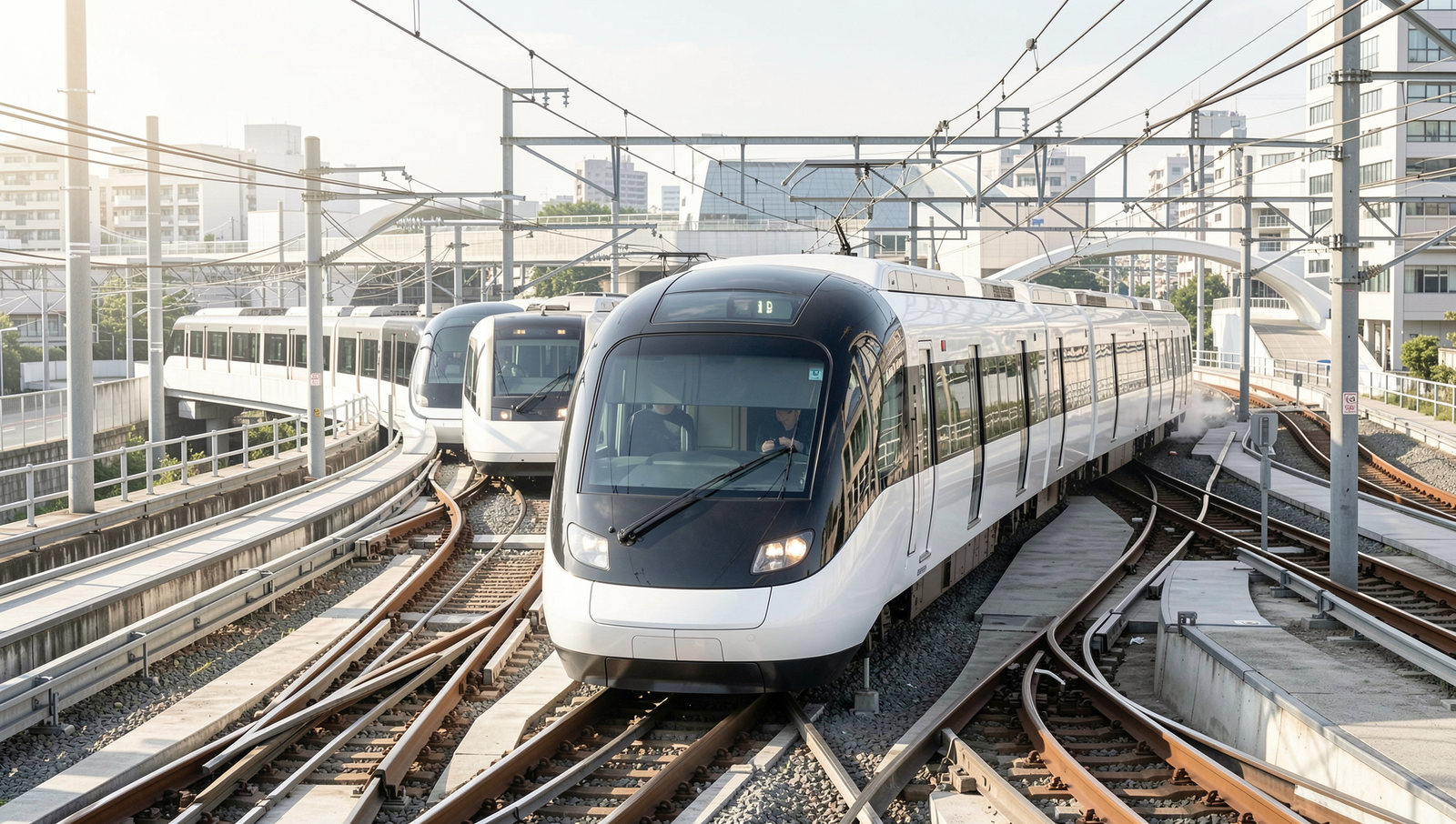 Conceptual image of driverless trains in a futuristic railway network.