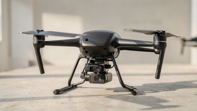 A drone flying over a scenic Japanese landscape showcasing advanced technology.
