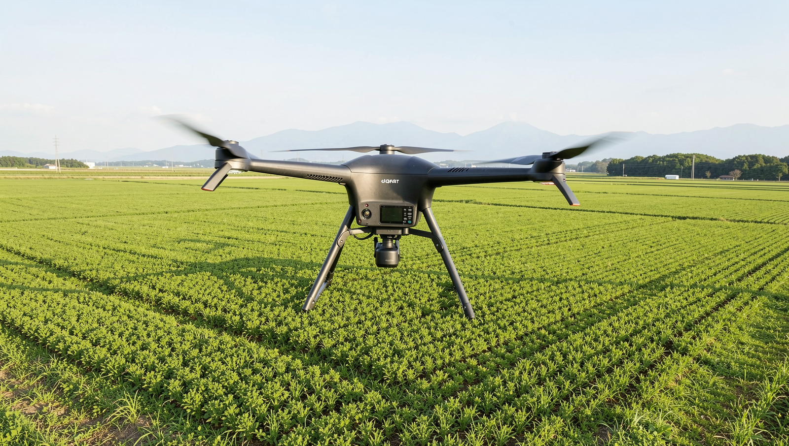 Drone surveying a vast agricultural field in Japan, showcasing innovative technology.