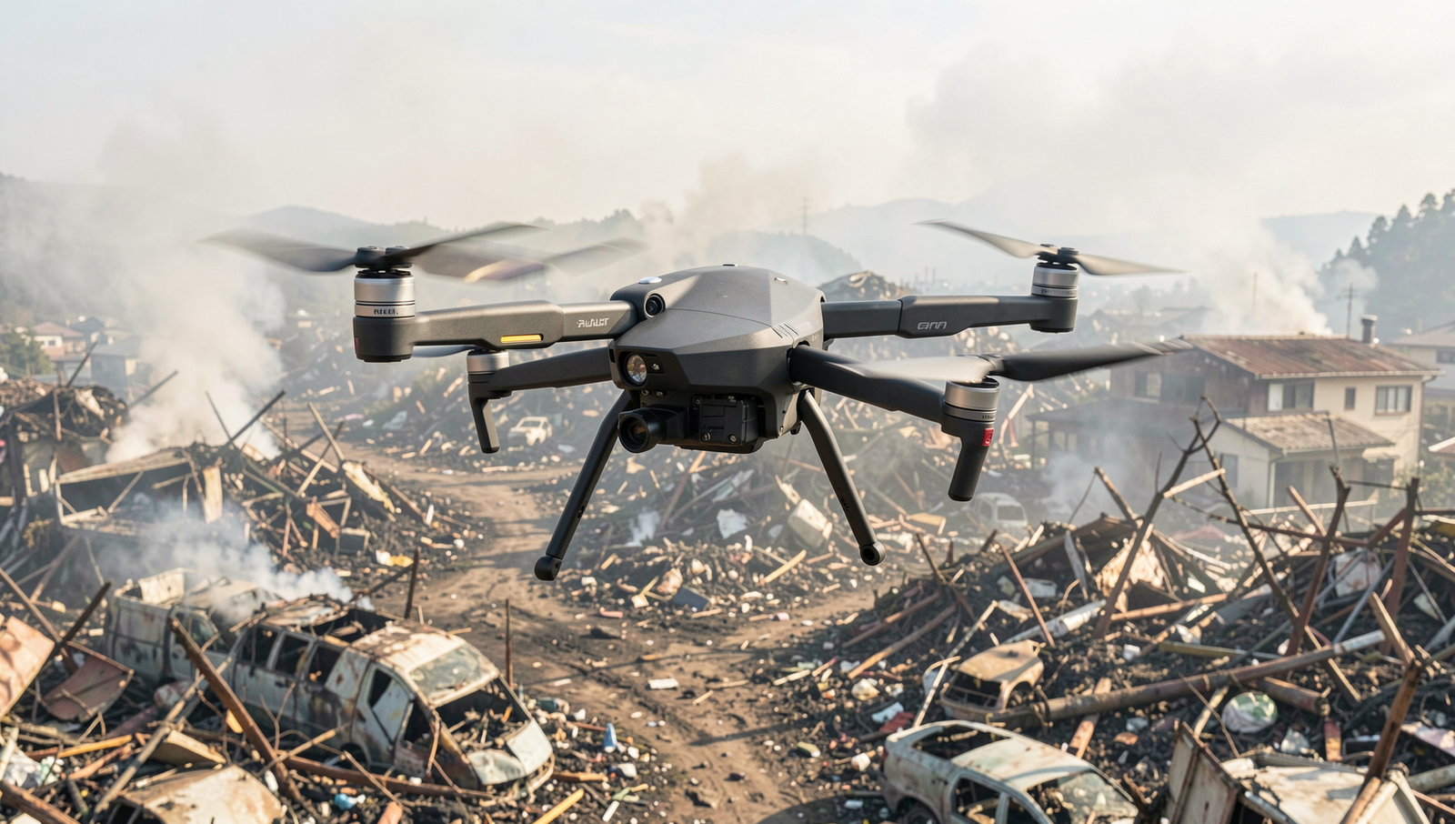 Drone flying over a disaster area in Japan, showcasing emergency response efforts.