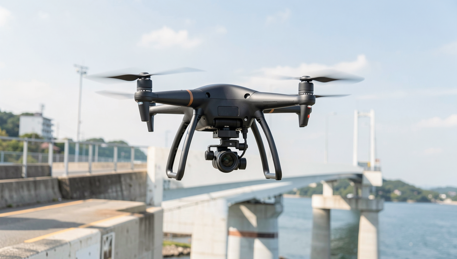 Drone inspecting a bridge with natural lighting and sharp focus.