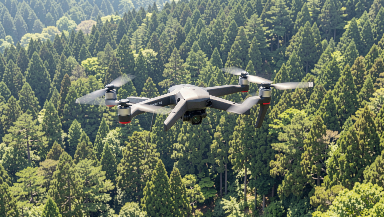Drone flying over a lush forest in Japan, showcasing environmental monitoring technology.