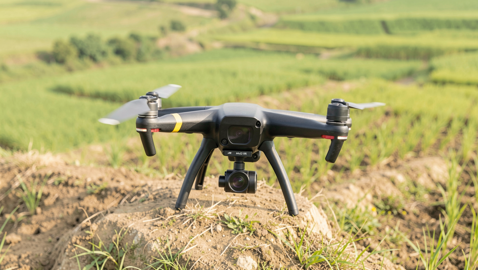 Drone surveying a rice field in Japan, showcasing precision agriculture techniques.
