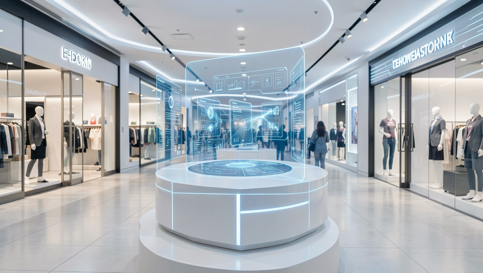 Futuristic shopping scene showcasing AR technology in a vibrant retail environment.