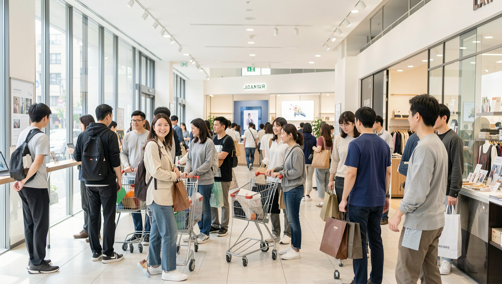 Diverse group of consumers shopping online, showcasing Japan's e-commerce trends.