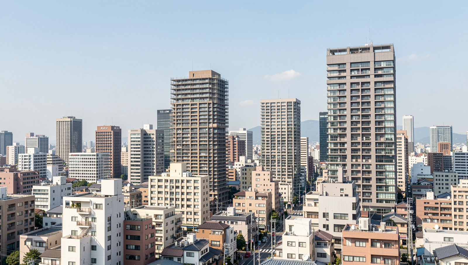 Japanese city skyline featuring earthquake-resistant buildings under natural lighting