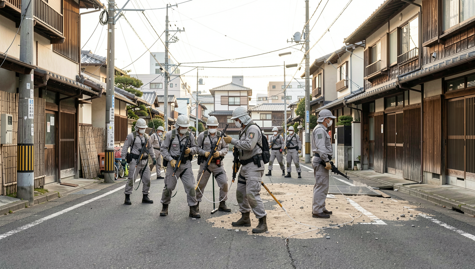 Community members participating in an earthquake drill in a Japanese neighborhood.