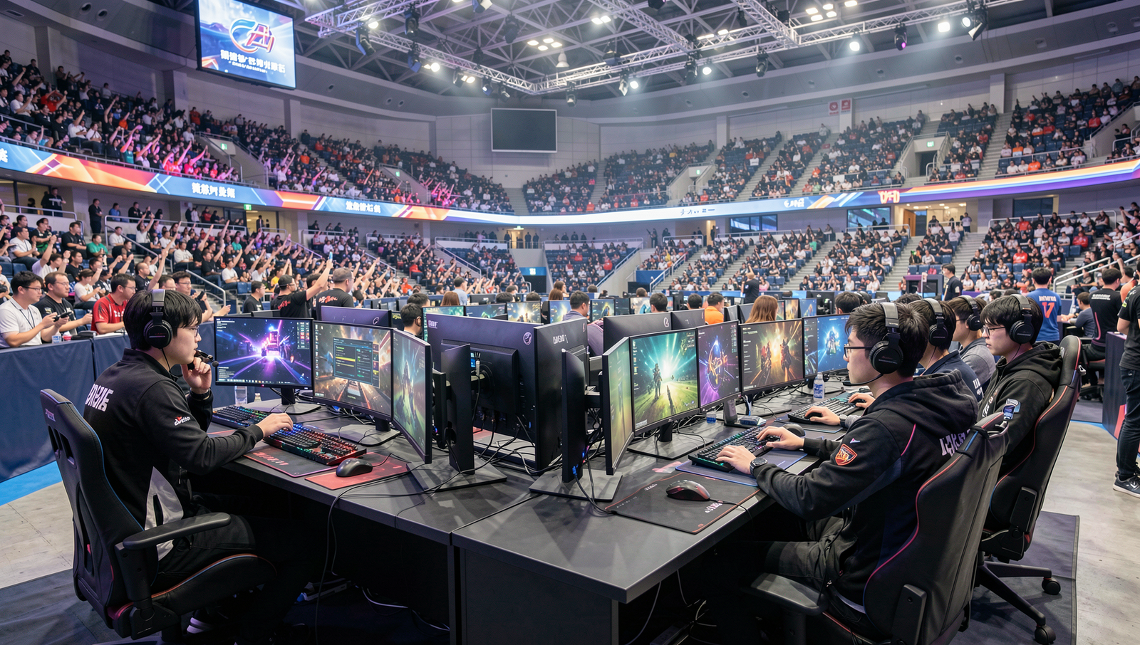 Vibrant esports arena in Japan with players competing in a high-stakes match.