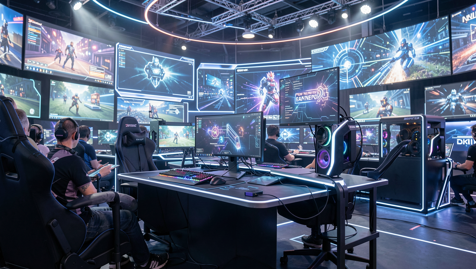 Futuristic esports event with advanced technology and natural lighting.