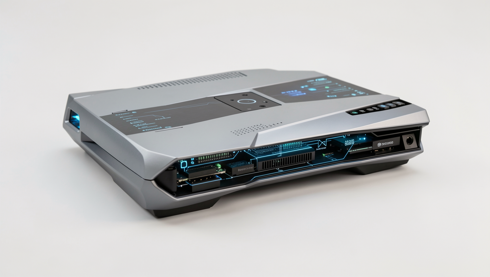 Futuristic gaming console showcasing advanced technology features in realistic lighting.