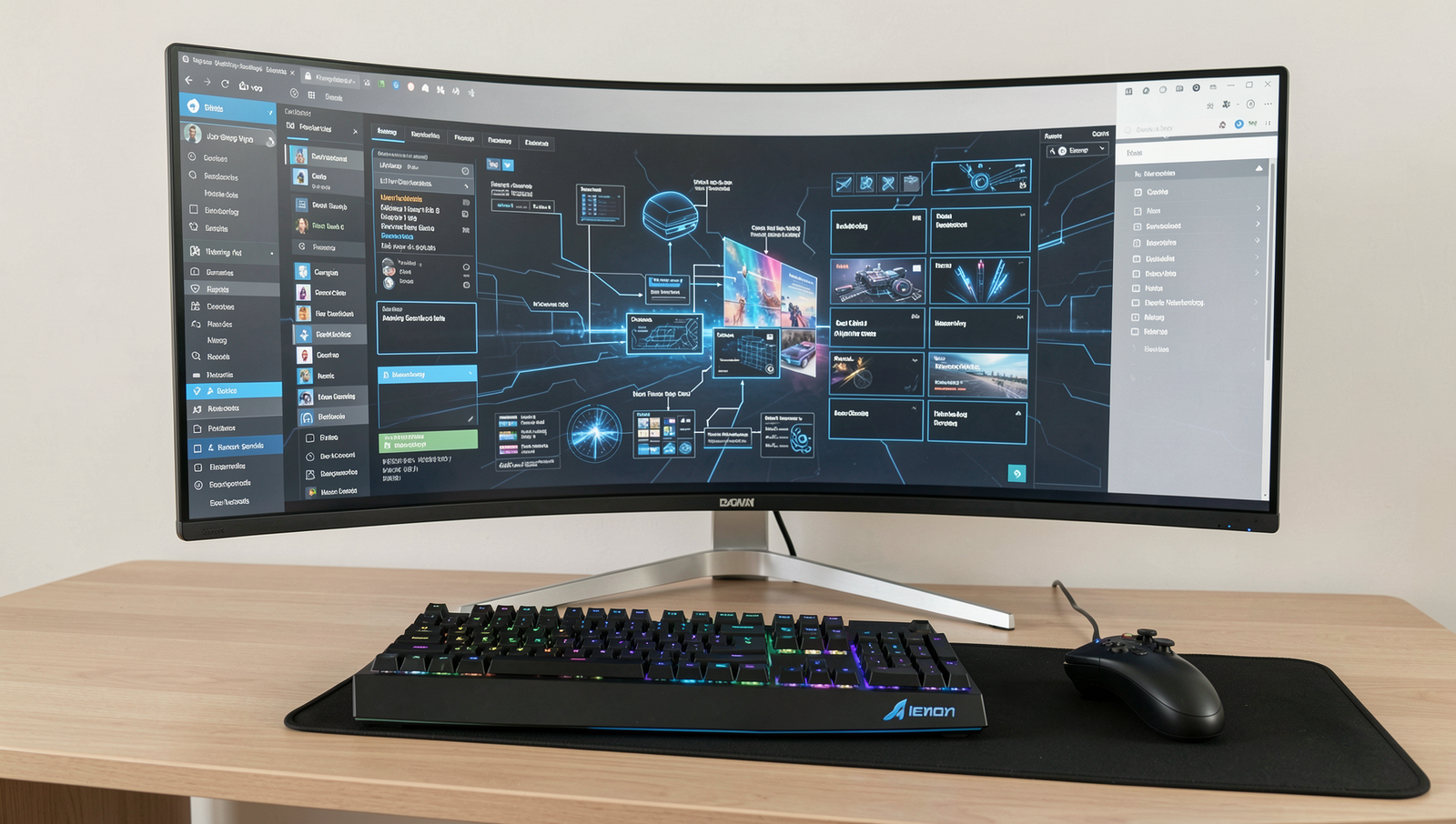 Photorealistic gaming setup highlighting innovative user interface designs.
