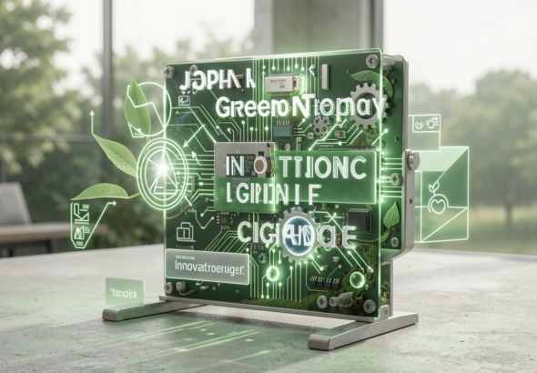 Photorealistic image showcasing Japan's green technology innovations in a natural setting.