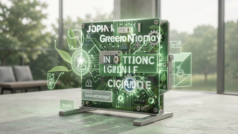 Photorealistic image showcasing Japan's green technology innovations in a natural setting.