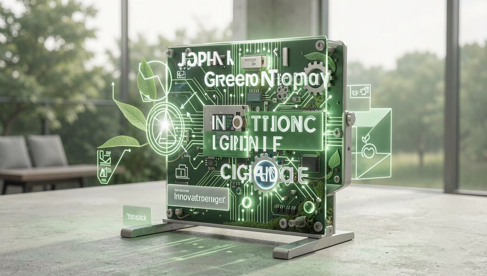 Photorealistic image showcasing Japan's green technology innovations in a natural setting.