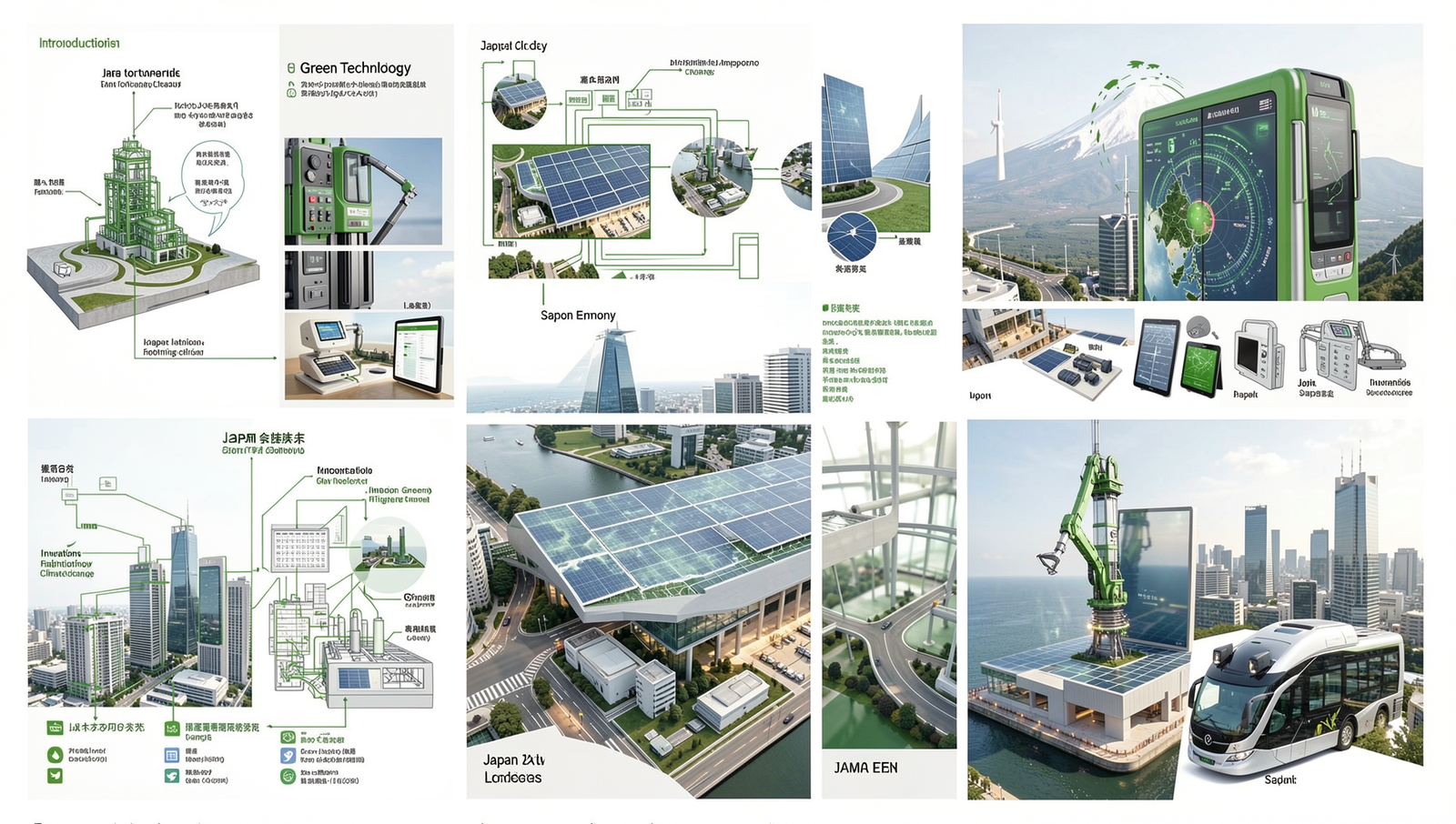 Collage showcasing Japan's green technology innovations for climate change.