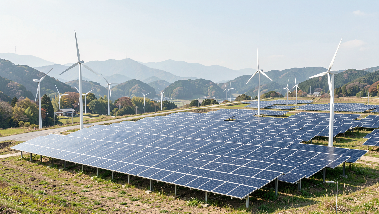 Solar panels and wind turbines in a serene Japanese landscape under natural lighting.