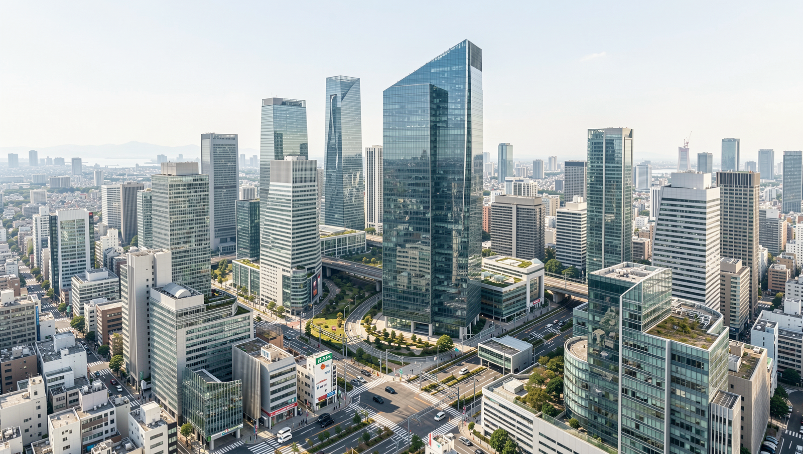Futuristic smart city in Japan showcasing green technology and sustainable urban design.
