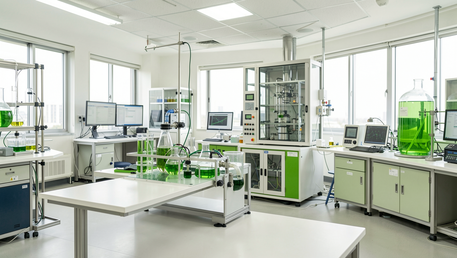 A modern research lab showcasing green technology innovations in Japan.