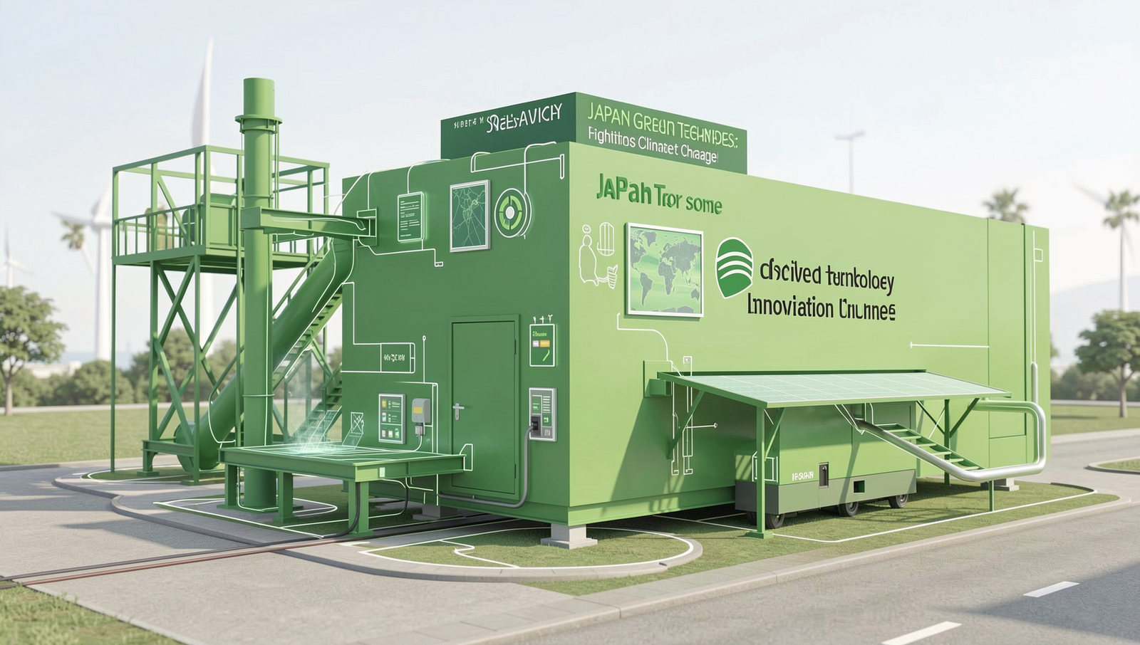 Detailed diagram showcasing green technology innovations in Japan, including solar panels and wind turbines.