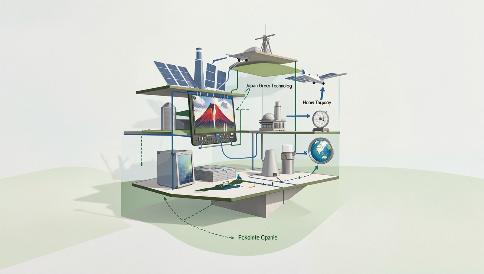 Diagram illustrating Japan's green technology innovations for climate change solutions.