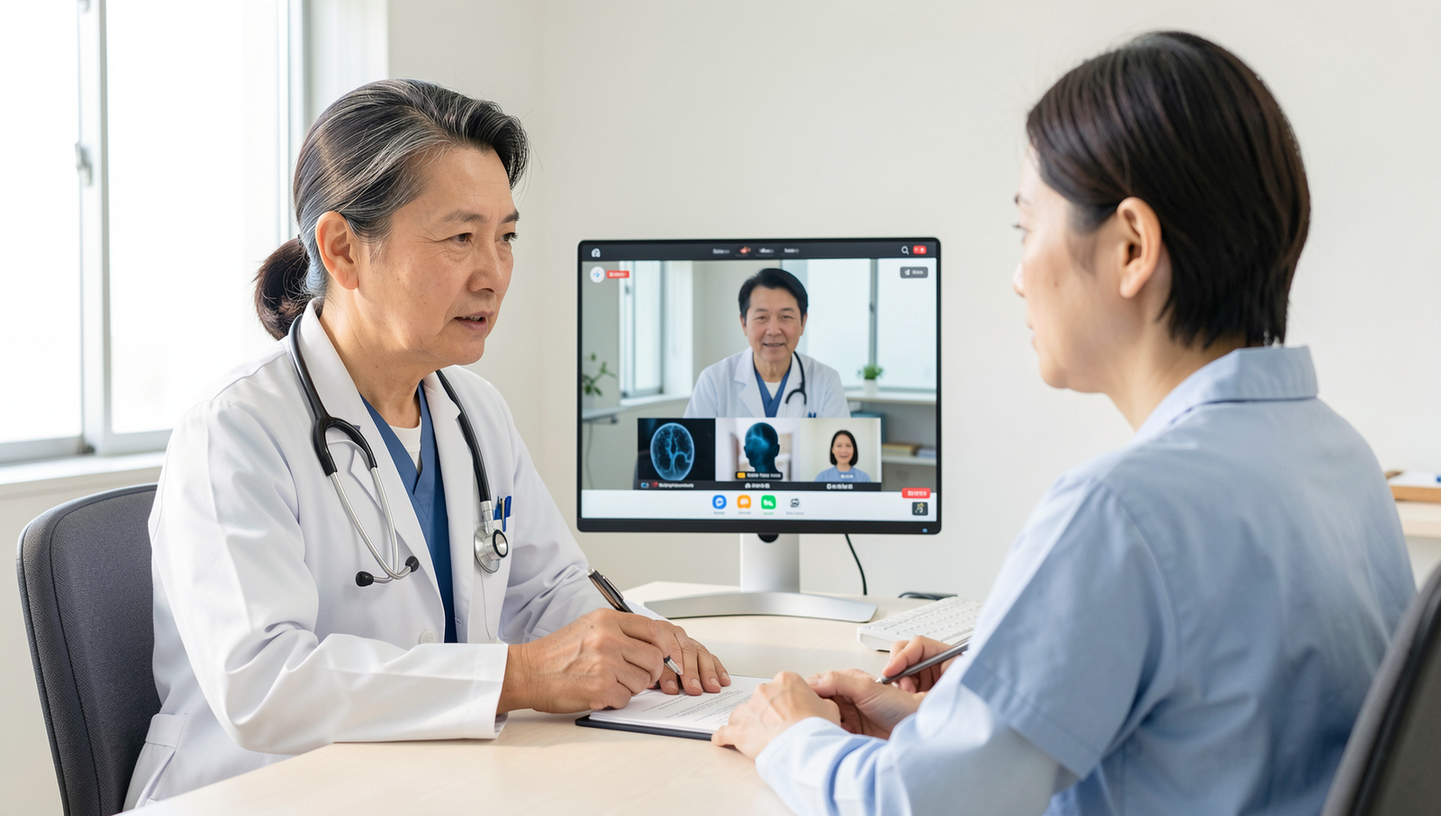 Doctor consulting with a patient via video call in a professional setting.