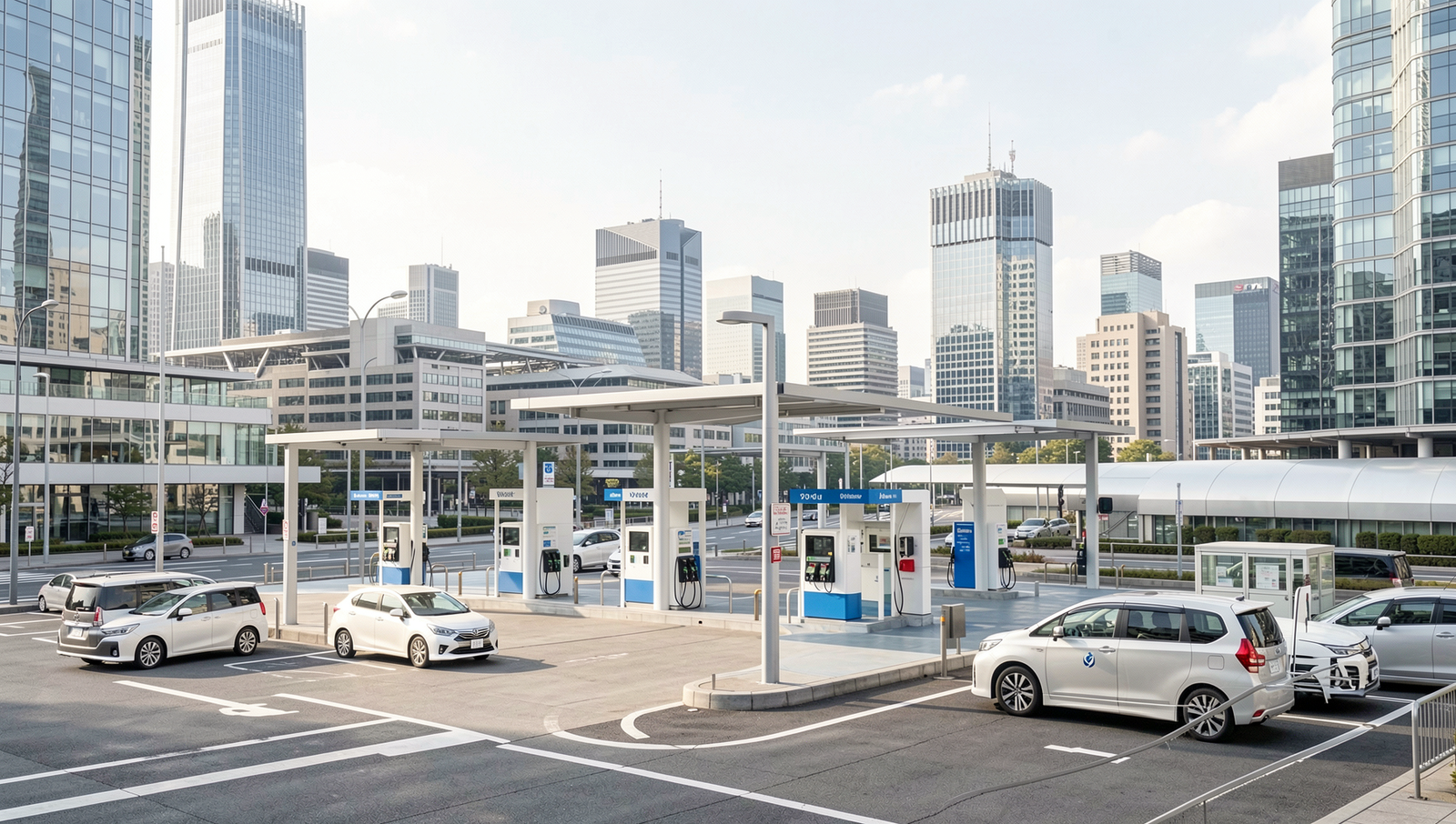 Futuristic cityscape featuring hydrogen fuel stations and vehicles in Japan.