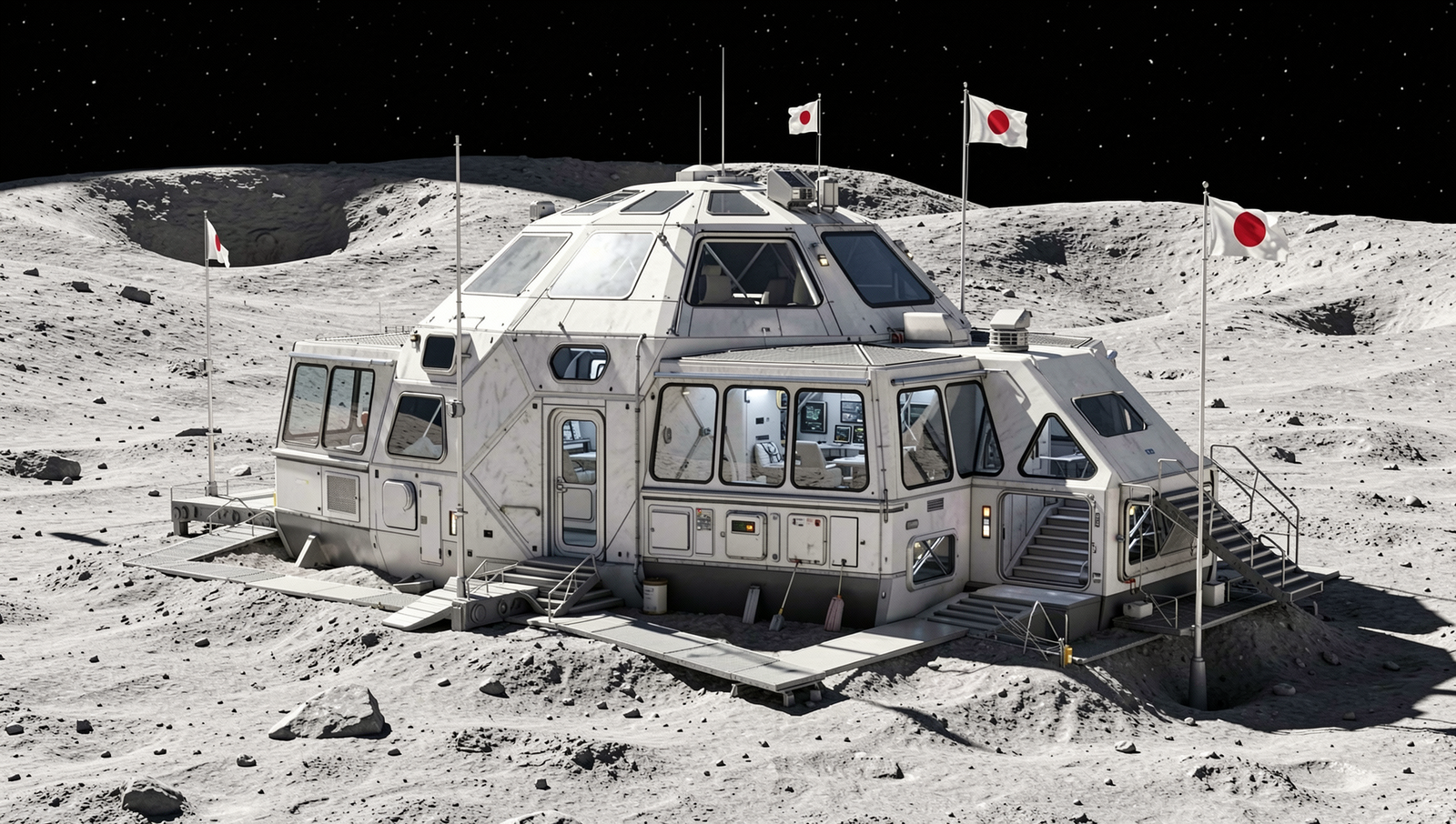 Futuristic lunar base featuring Japanese flags under natural lighting.
