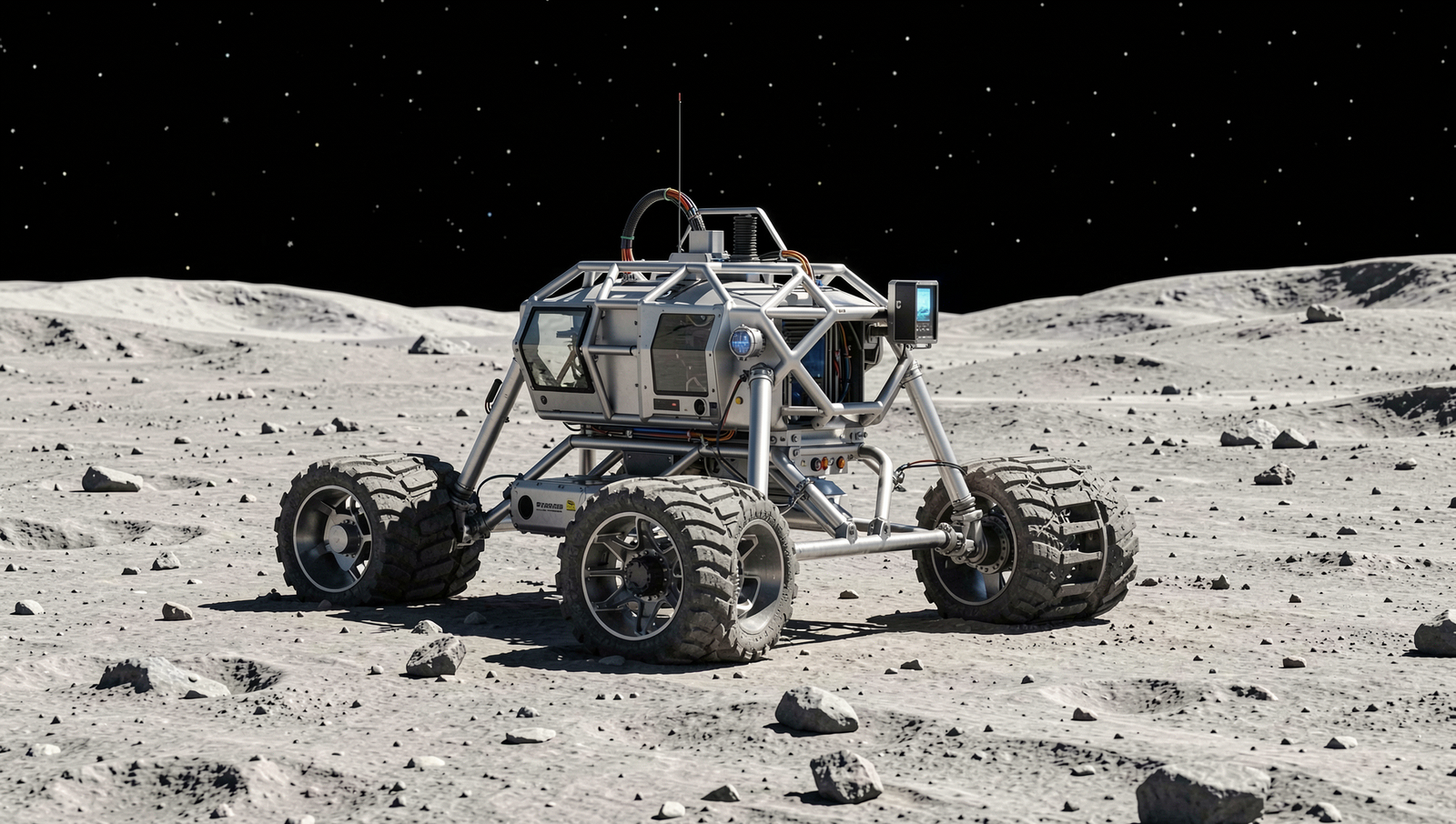 High-tech lunar rover exploring the moon's surface under natural lighting.