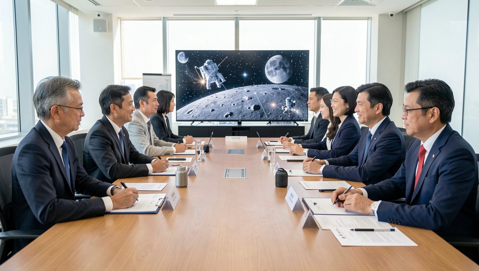 Meeting of international space agency representatives discussing lunar missions.